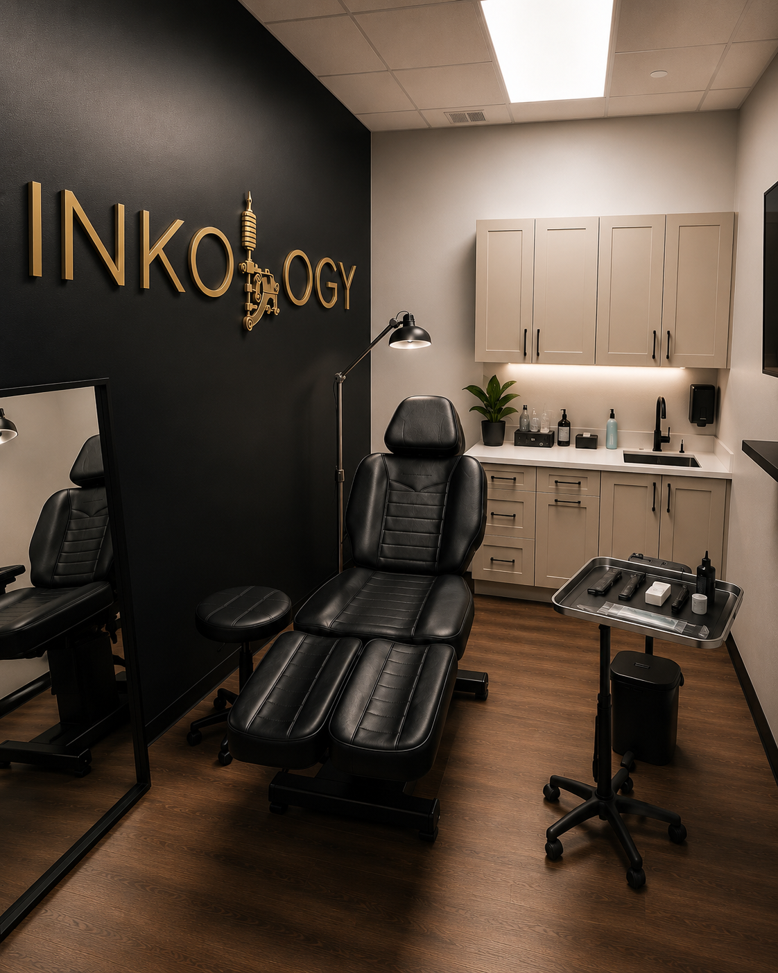 Inside the Inkology studio — the chair, wash station, and signage wall.